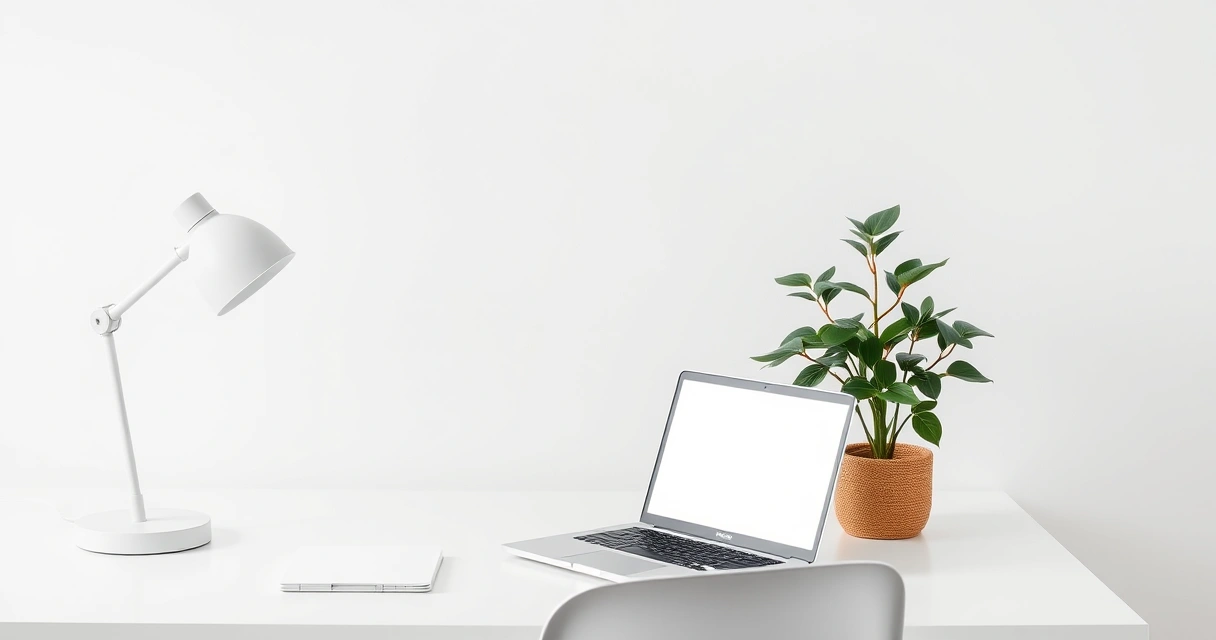 Estação de trabalho organizada, com notebook, luminária e planta