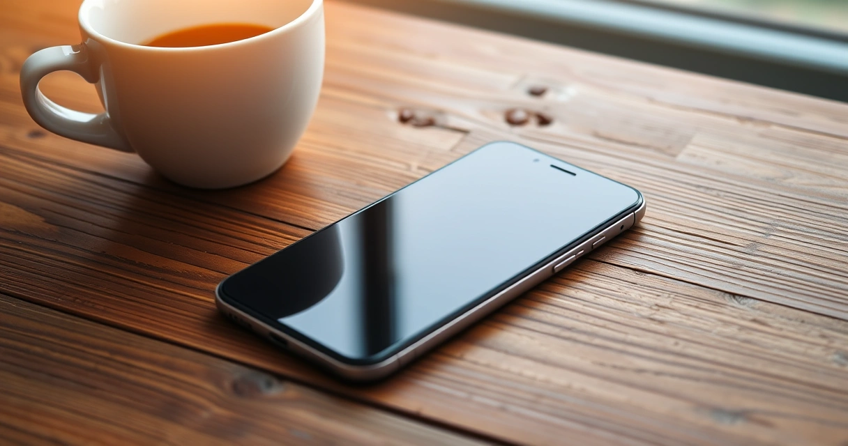 Celular sobre uma mesa de madeira, ao lado de uma xícara de café