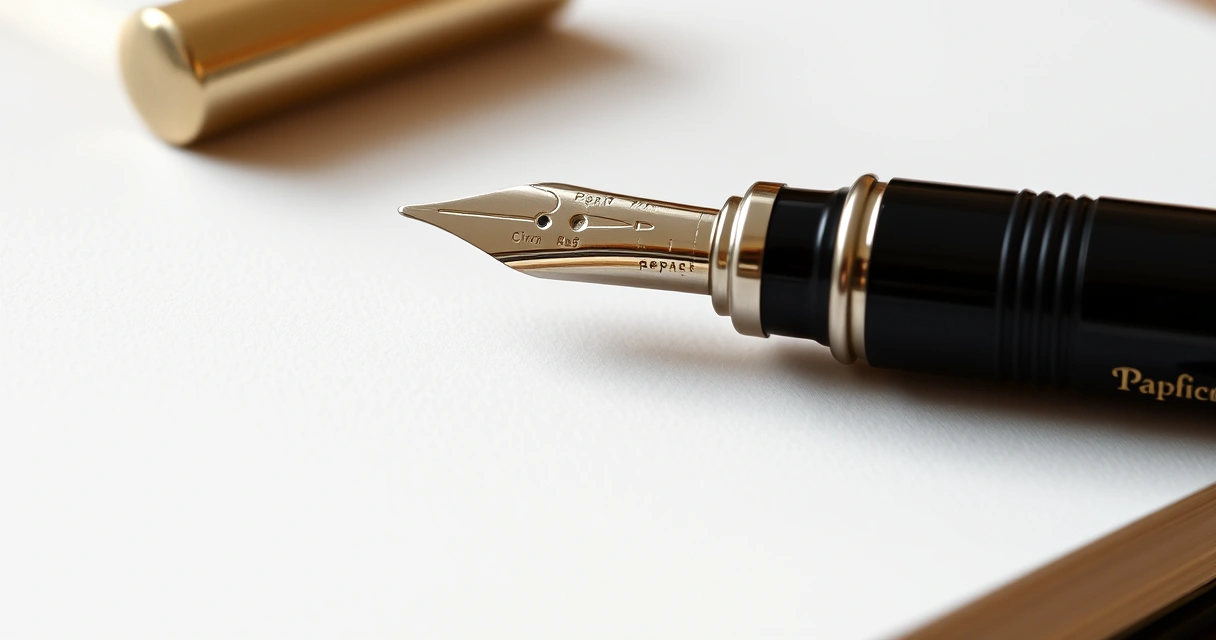 Caneta apoiada sobre um caderno aberto, em close