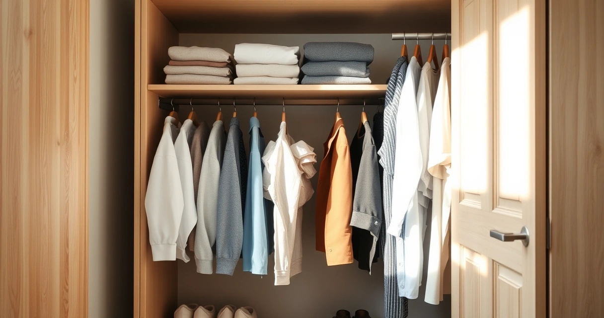 Roupas dobradas com cuidado dentro de um guarda-roupa aberto