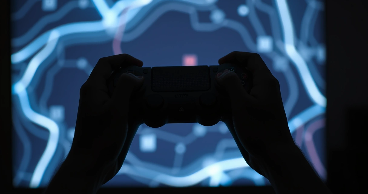 Mãos segurando um controle de videogame num ambiente escuro