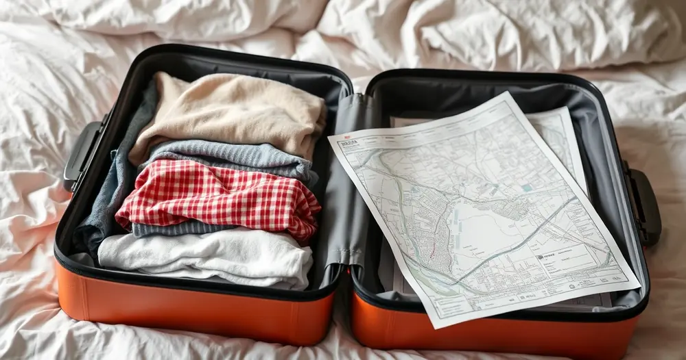 Mala aberta com roupas dobradas e um mapa de papel sobre a cama