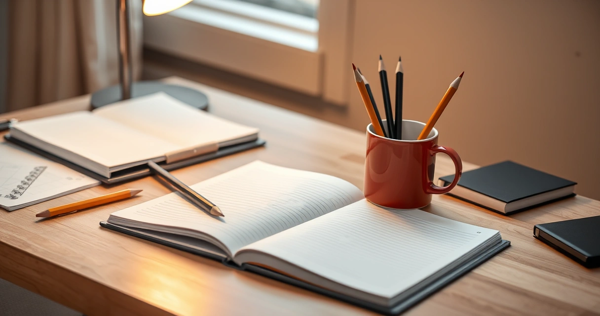 Caderno aberto, lápis e uma caneca sobre a mesa de estudo