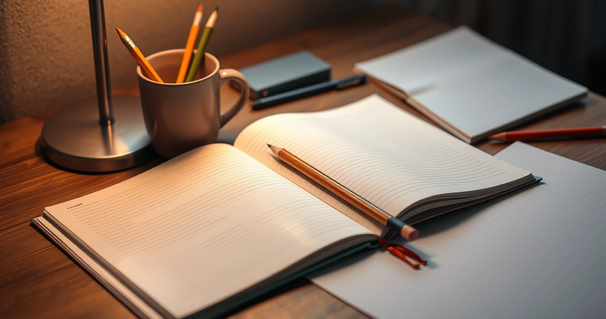 Caderno aberto, lápis e uma caneca sobre a mesa de estudo