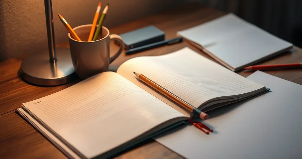 Caderno aberto, lápis e uma caneca sobre a mesa de estudo