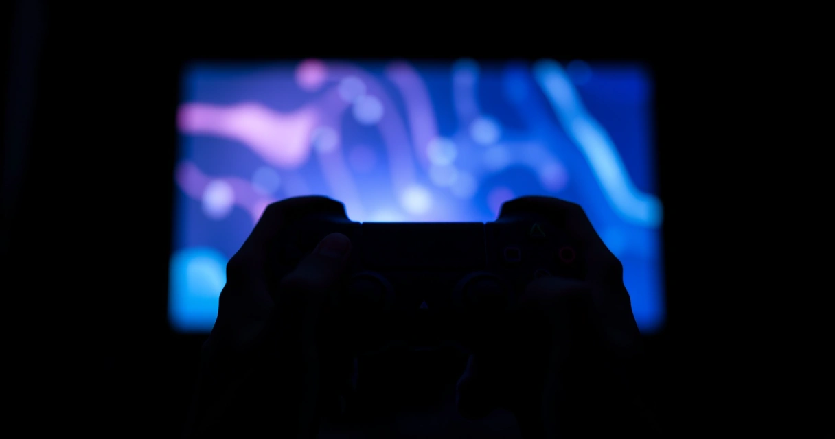 Mãos segurando um controle de videogame num ambiente escuro
