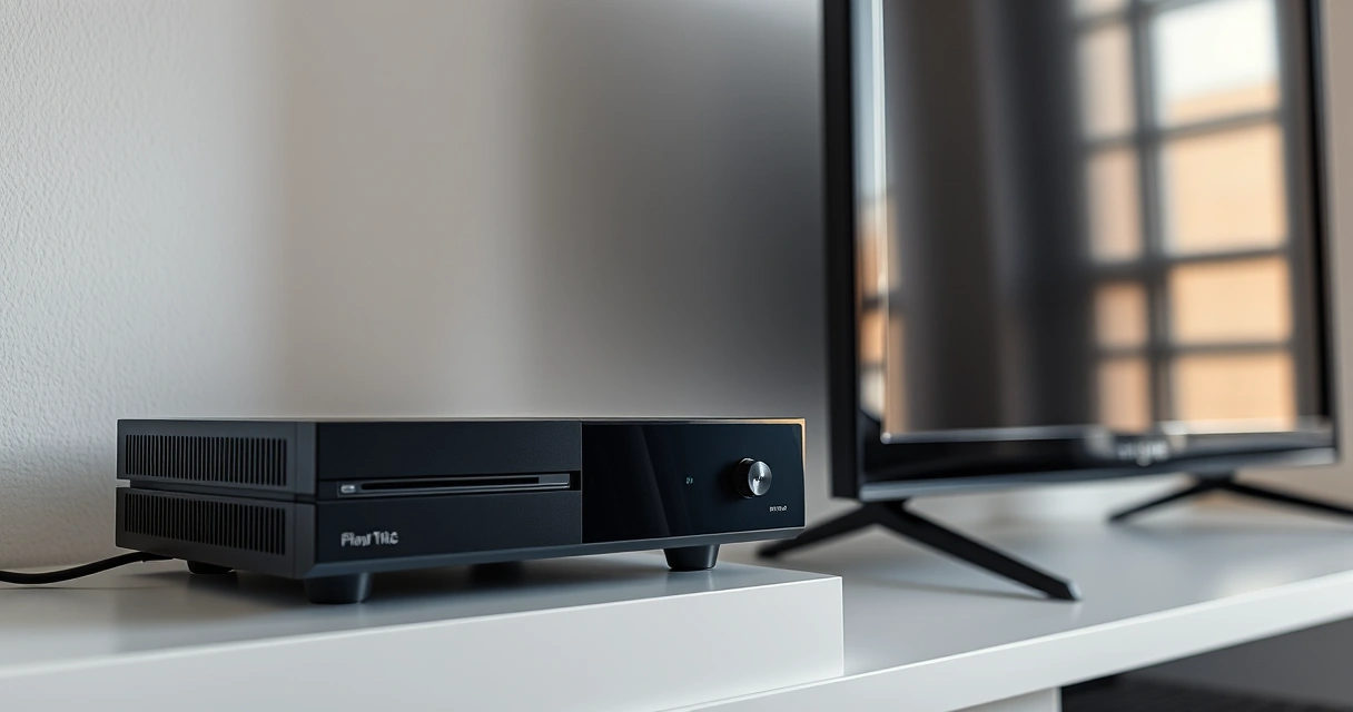 Console de videogame numa estante, ao lado da televisão