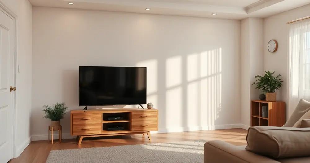 Televisão sobre um rack de madeira numa sala arrumada