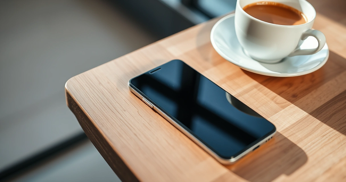 Celular sobre uma mesa de madeira, ao lado de uma xícara de café