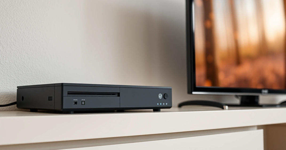 Console de videogame numa estante, ao lado da televisão
