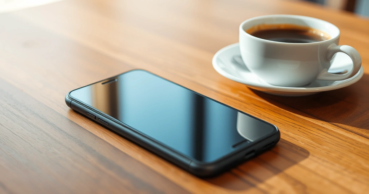 Celular sobre uma mesa de madeira, ao lado de uma xícara de café