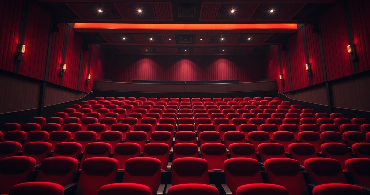 Sala de cinema vazia, com poltronas vermelhas e luz baixa