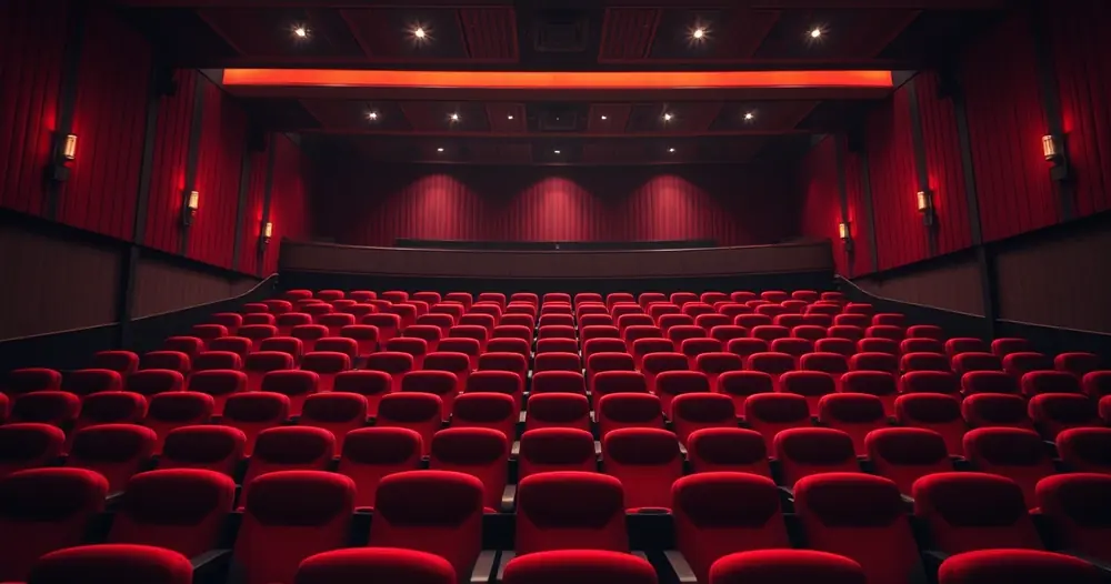 Sala de cinema vazia, com poltronas vermelhas e luz baixa