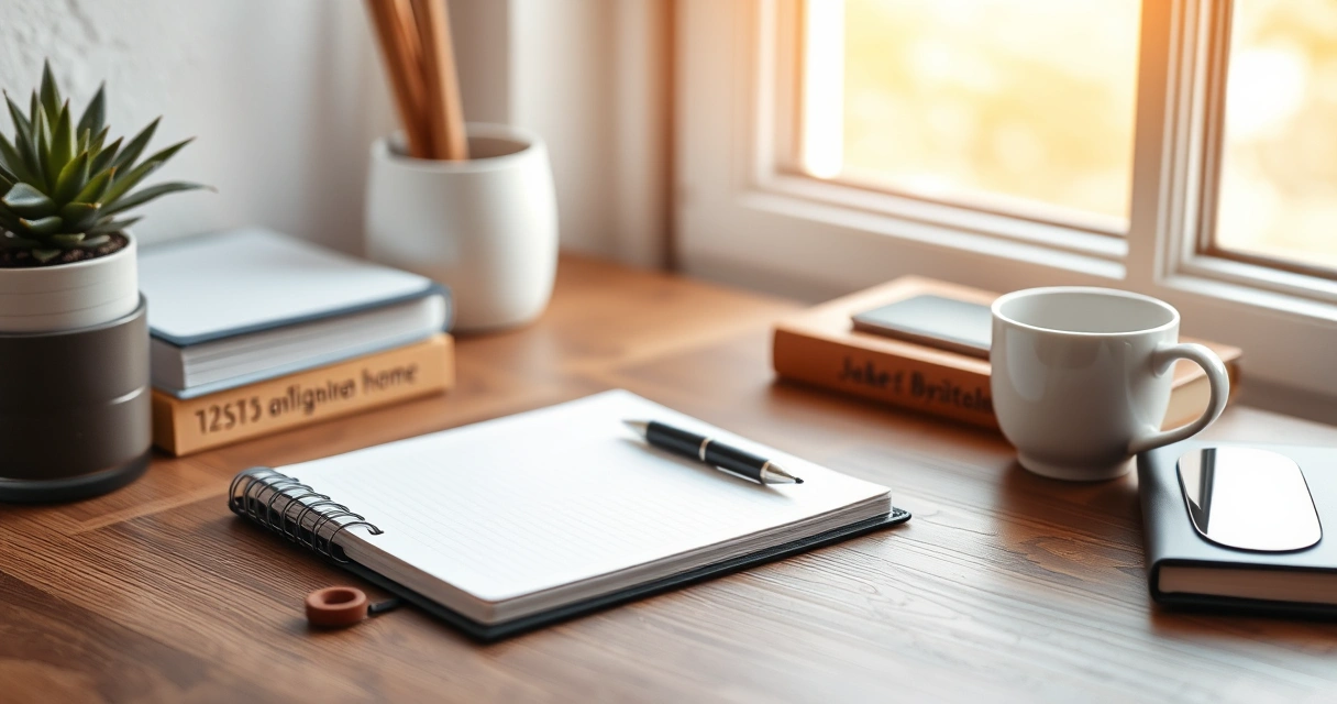 Escrivaninha organizada com caderno, caneta e xícara de café