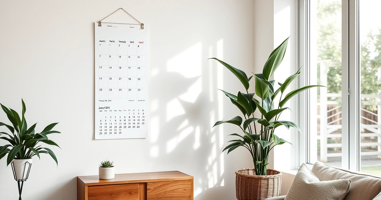 Calendário de parede e um vaso de planta no canto de uma sala