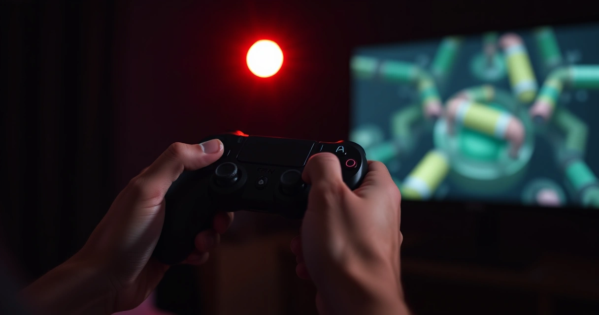 Mãos segurando um controle de videogame num ambiente escuro