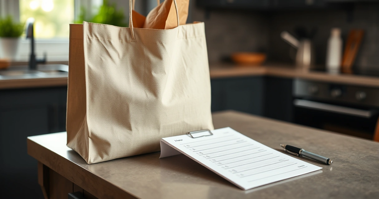 Lista de papel e caneta ao lado de uma sacola na bancada da cozinha