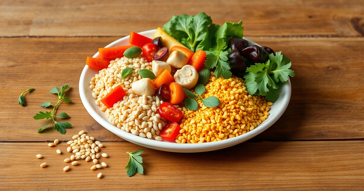 Prato com legumes coloridos e grãos sobre mesa de madeira