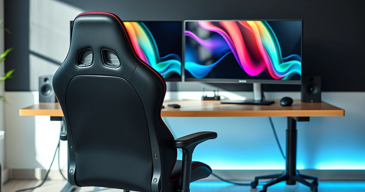 Cadeira gamer diante de uma mesa com dois monitores