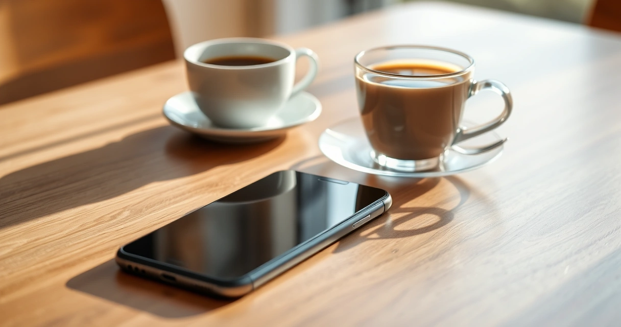 Celular sobre uma mesa de madeira, ao lado de uma xícara de café