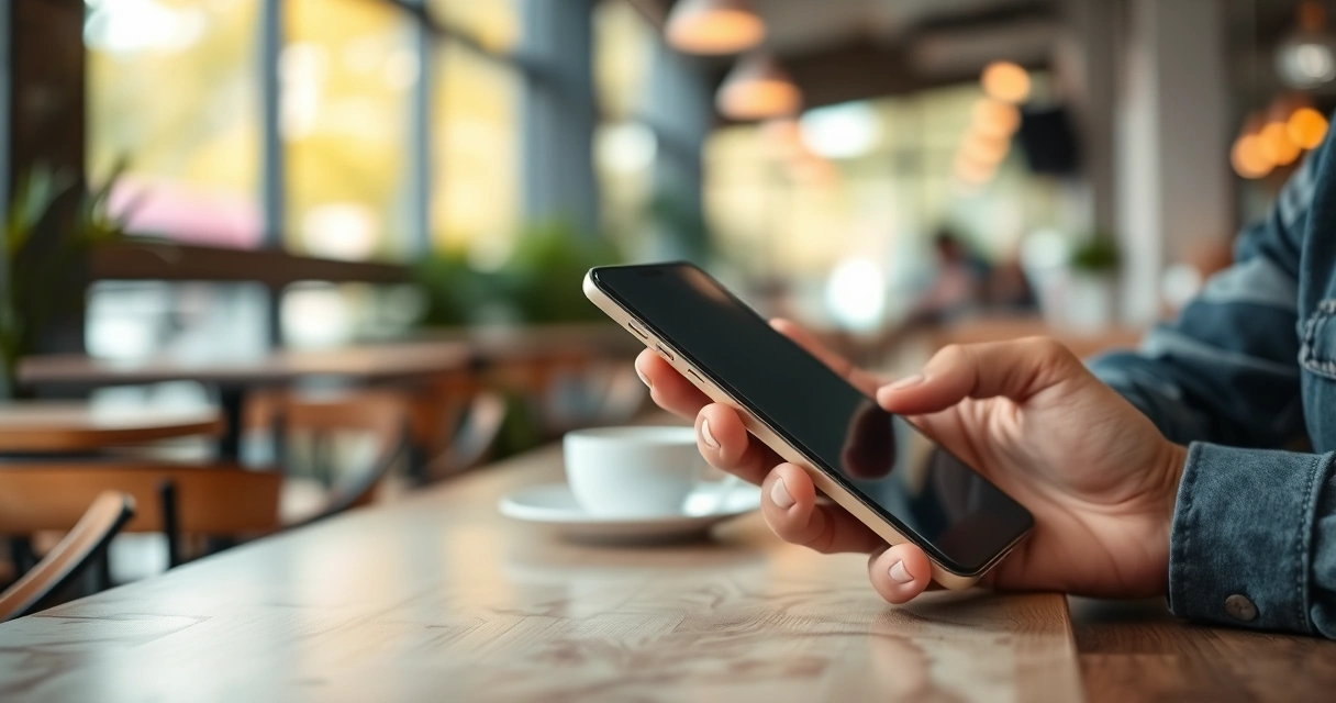 Pessoa segurando um celular na mesa de uma cafeteria