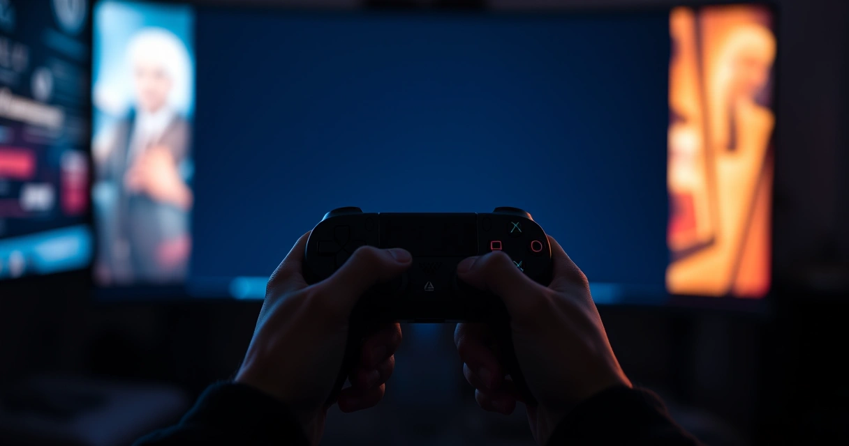 Mãos segurando um controle de videogame num ambiente escuro