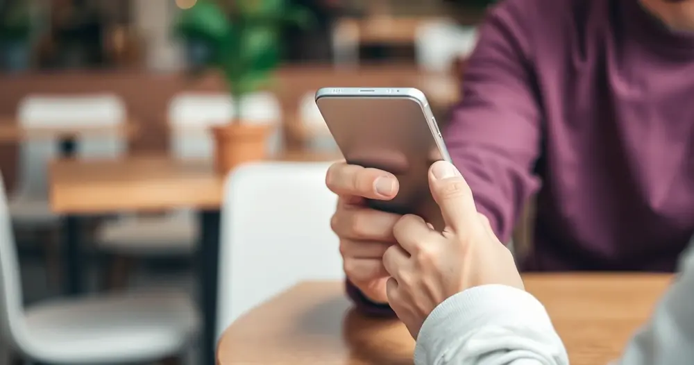 Pessoa segurando um celular na mesa de uma cafeteria