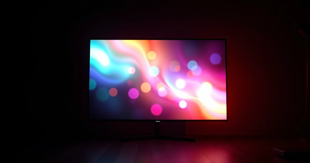 Monitor grande aceso num quarto escuro, com luz colorida