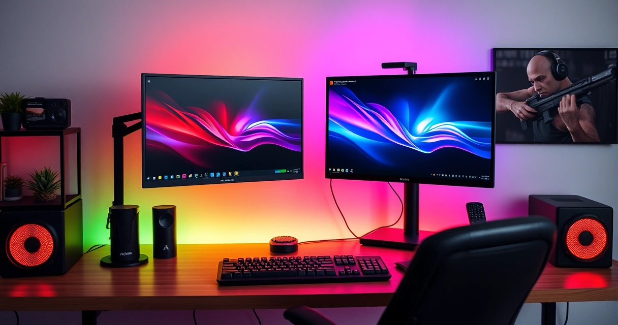Mesa de jogo com monitor, teclado e iluminação colorida