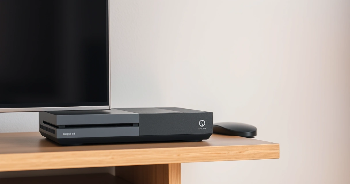 Console de videogame numa estante, ao lado da televisão
