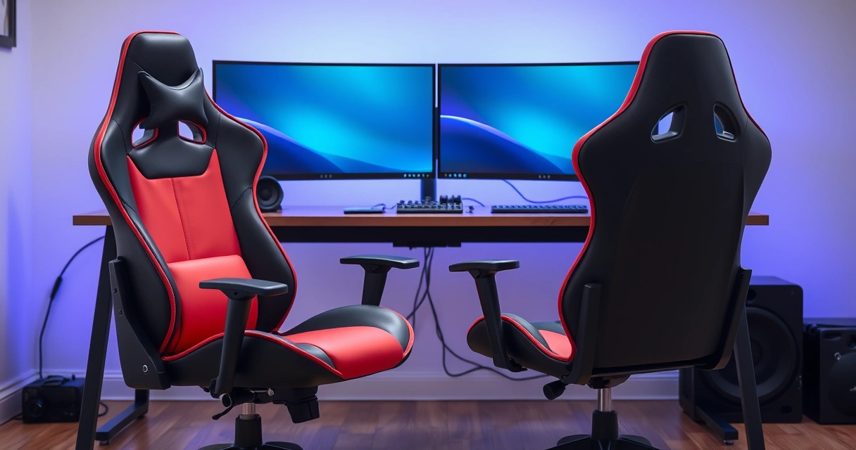 Cadeira gamer diante de uma mesa com dois monitores