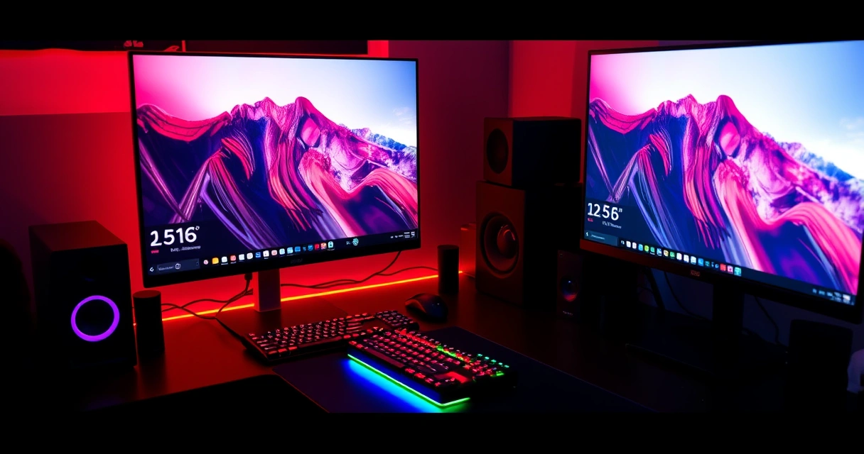 Mesa de jogo com monitor, teclado e iluminação colorida