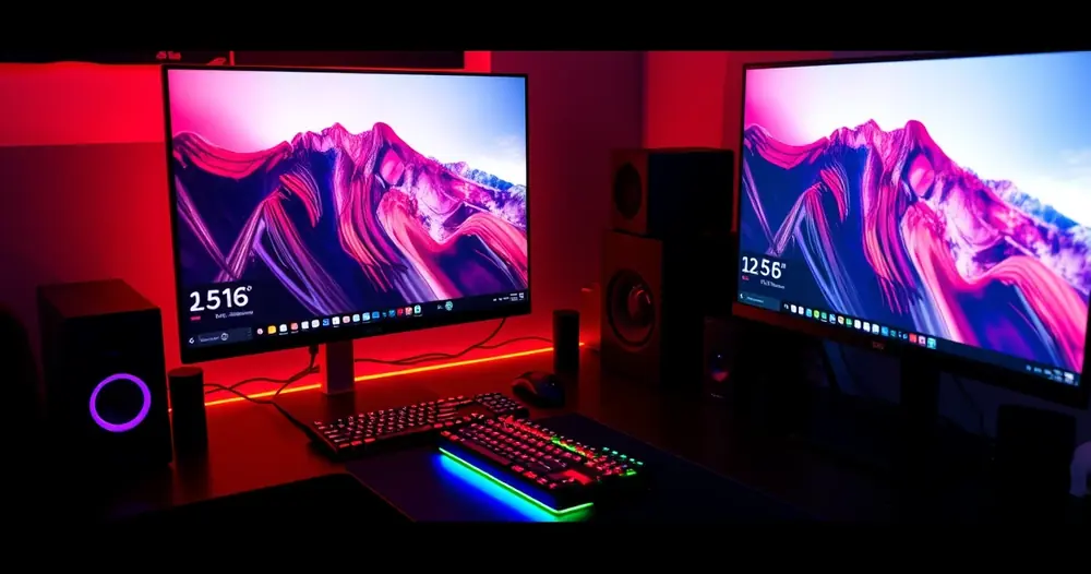 Mesa de jogo com monitor, teclado e iluminação colorida