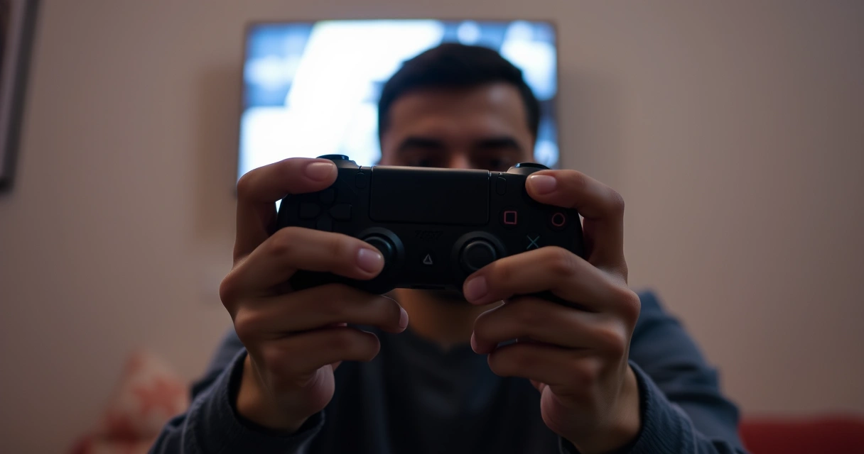 Mãos segurando um controle de videogame, com o brilho da tela ao fundo