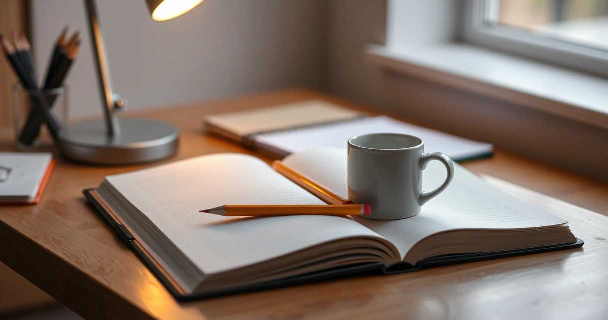 Caderno aberto, lápis e uma caneca sobre a mesa de estudo