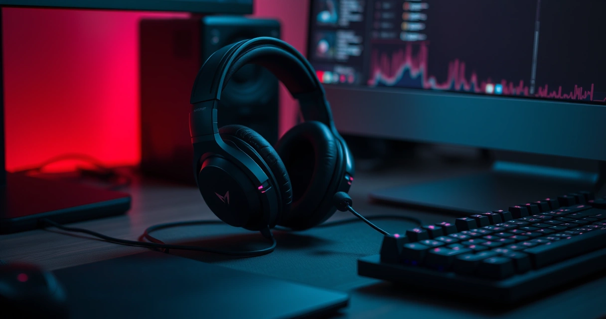 Headset gamer sobre a mesa, ao lado do teclado