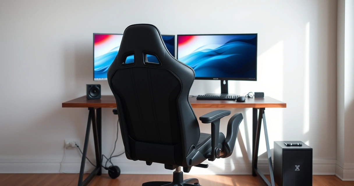 Cadeira gamer diante de uma mesa com dois monitores