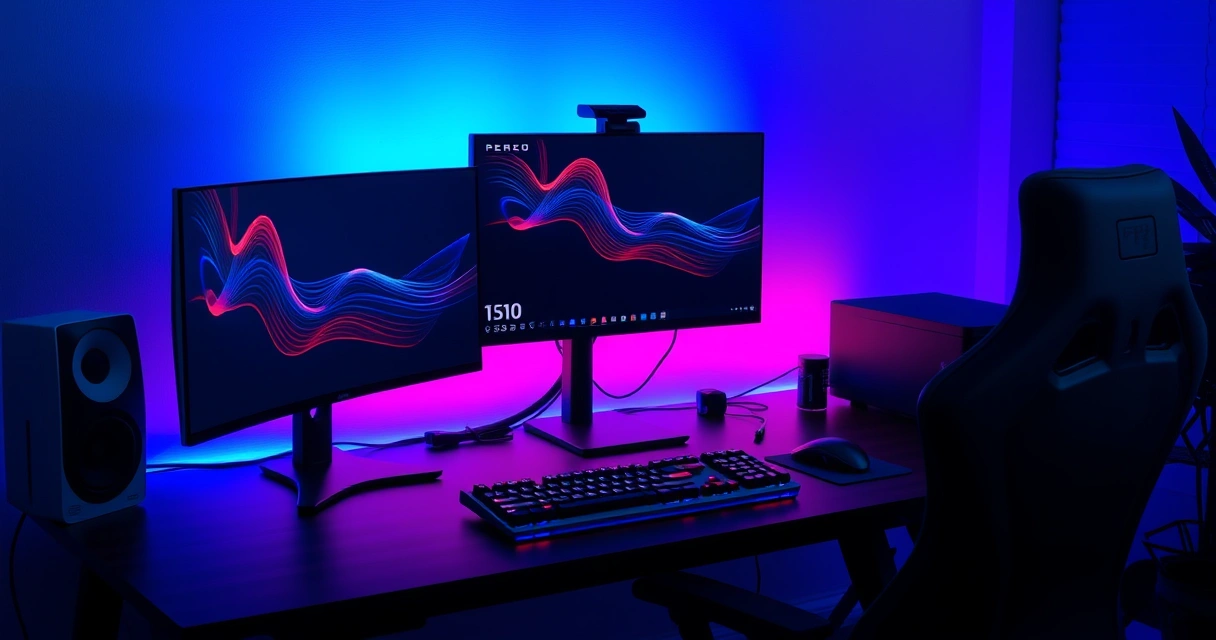 Mesa de jogo com monitor, teclado e iluminação colorida