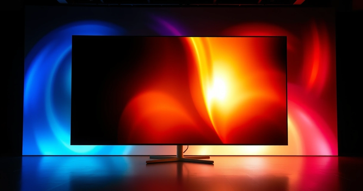 Monitor grande aceso num quarto escuro, com luz colorida