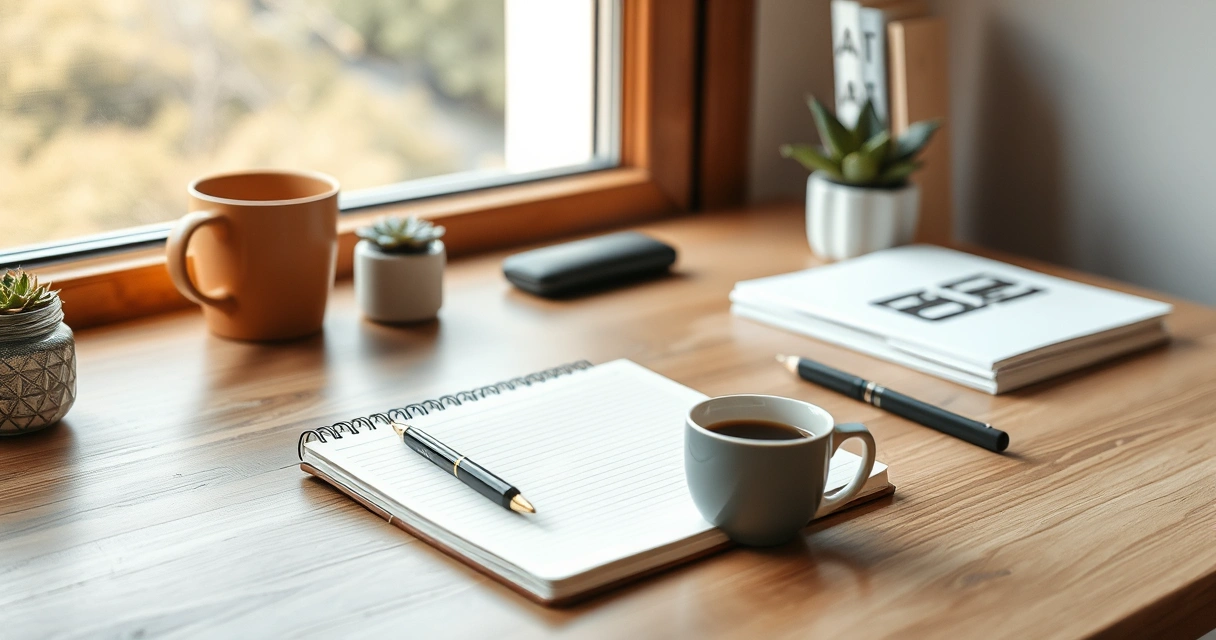 Escrivaninha organizada com caderno, caneta e xícara de café