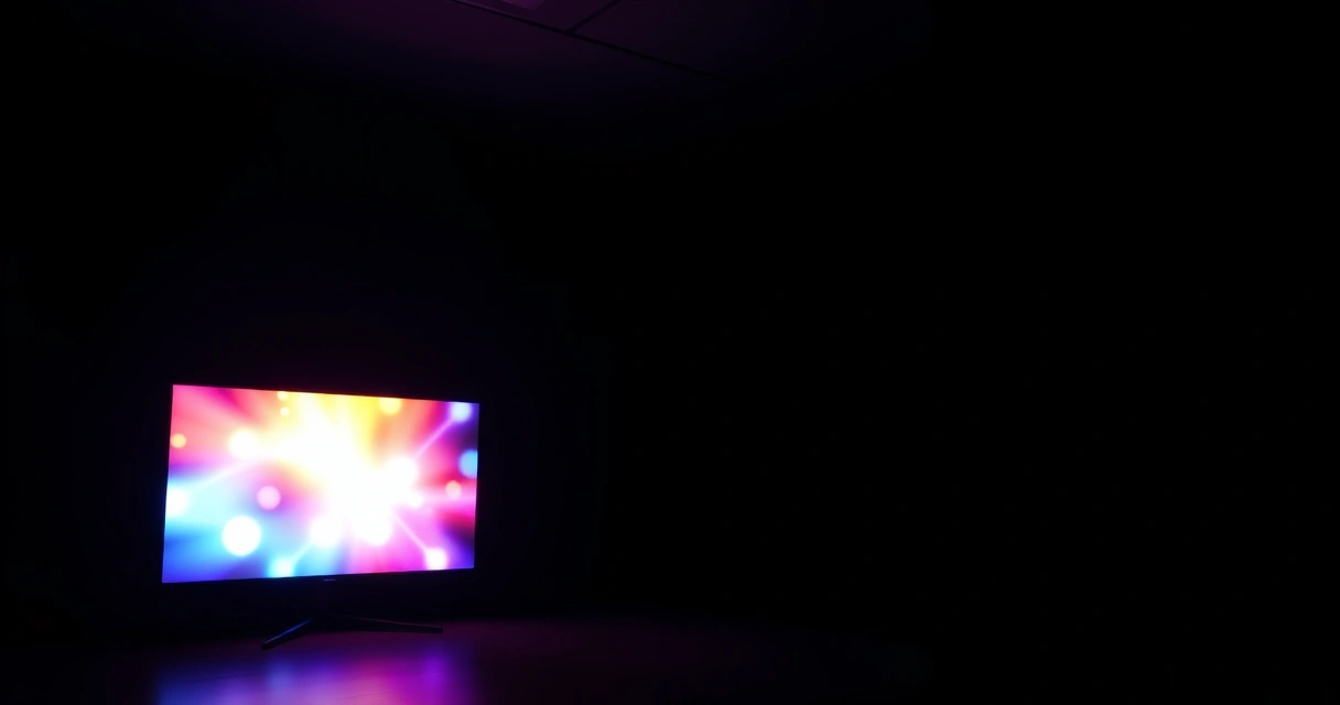 Monitor grande aceso num quarto escuro, com luz colorida