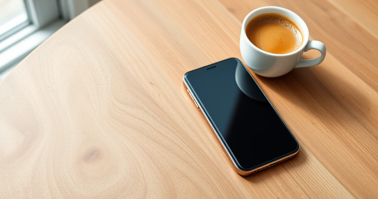 Celular sobre uma mesa de madeira, ao lado de uma xícara de café