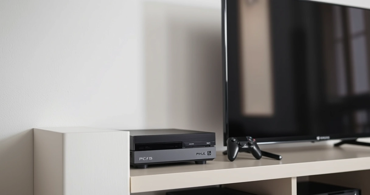 Console de videogame numa estante, ao lado da televisão