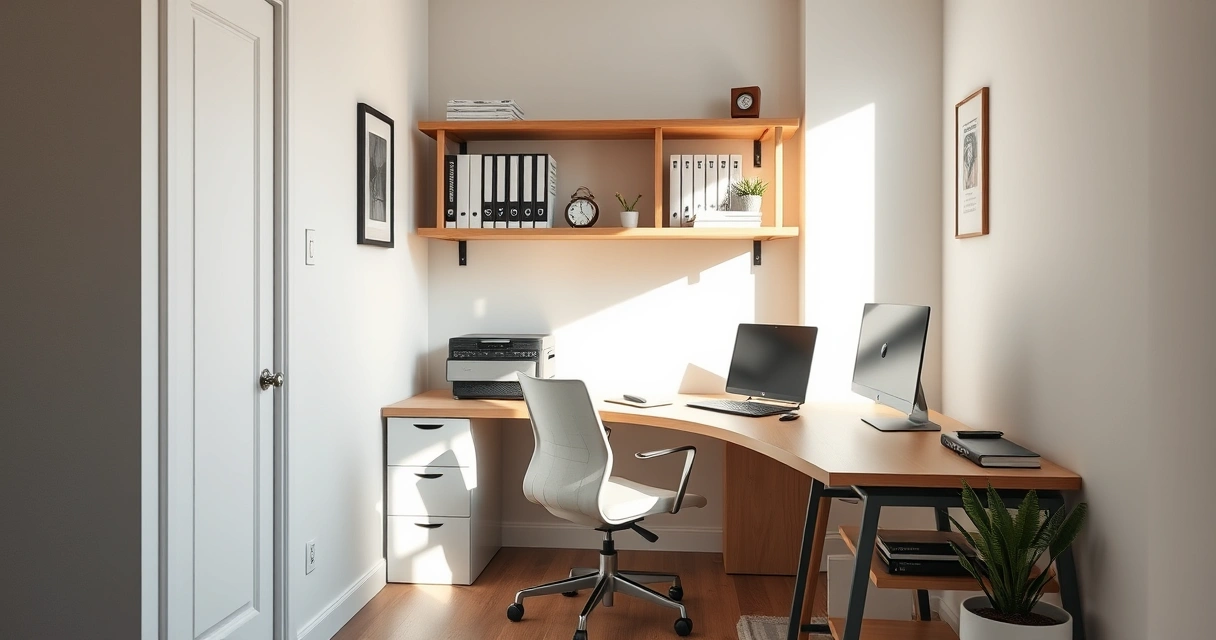 Escritório compacto em casa, com mesa, cadeira e prateleiras