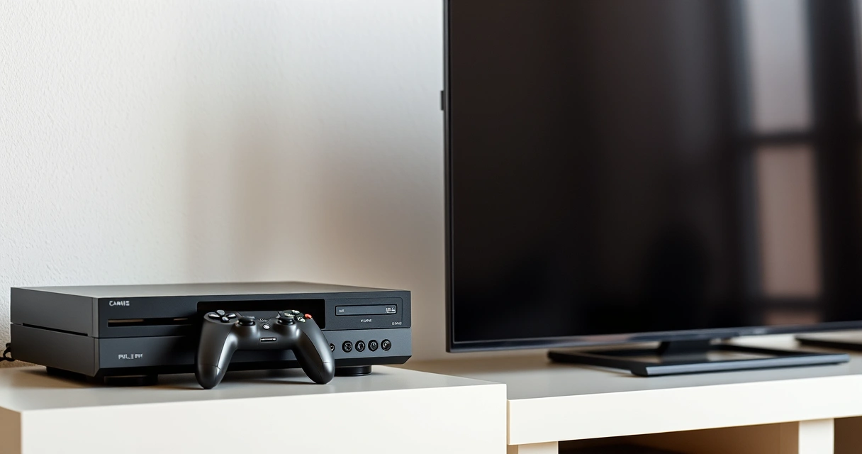 Console de videogame numa estante, ao lado da televisão