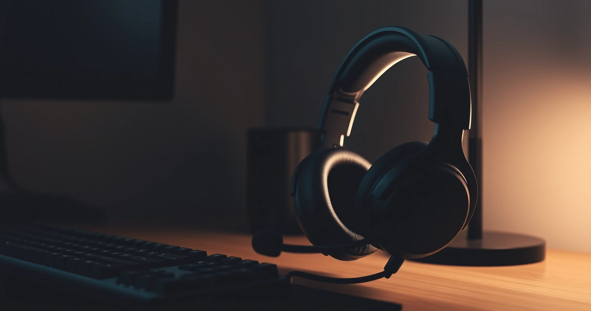 Headset gamer sobre a mesa, ao lado do teclado