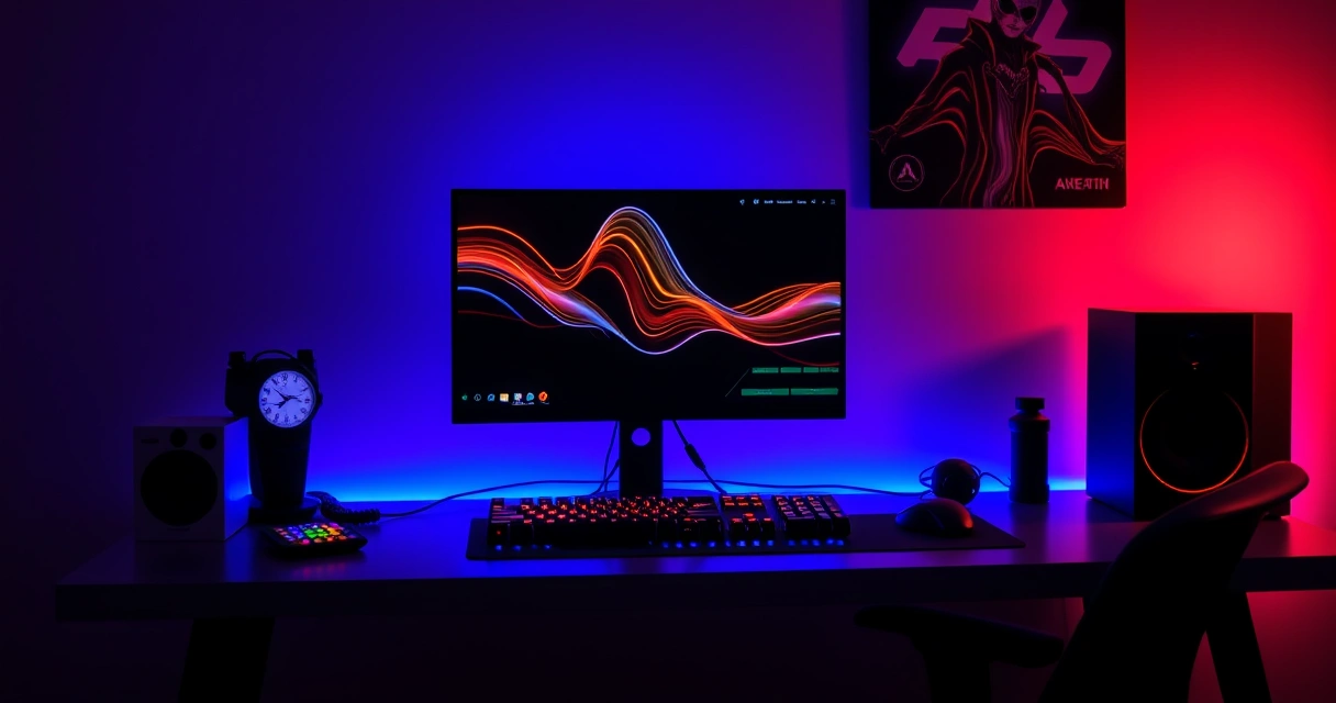 Mesa de jogo com monitor, teclado e iluminação colorida