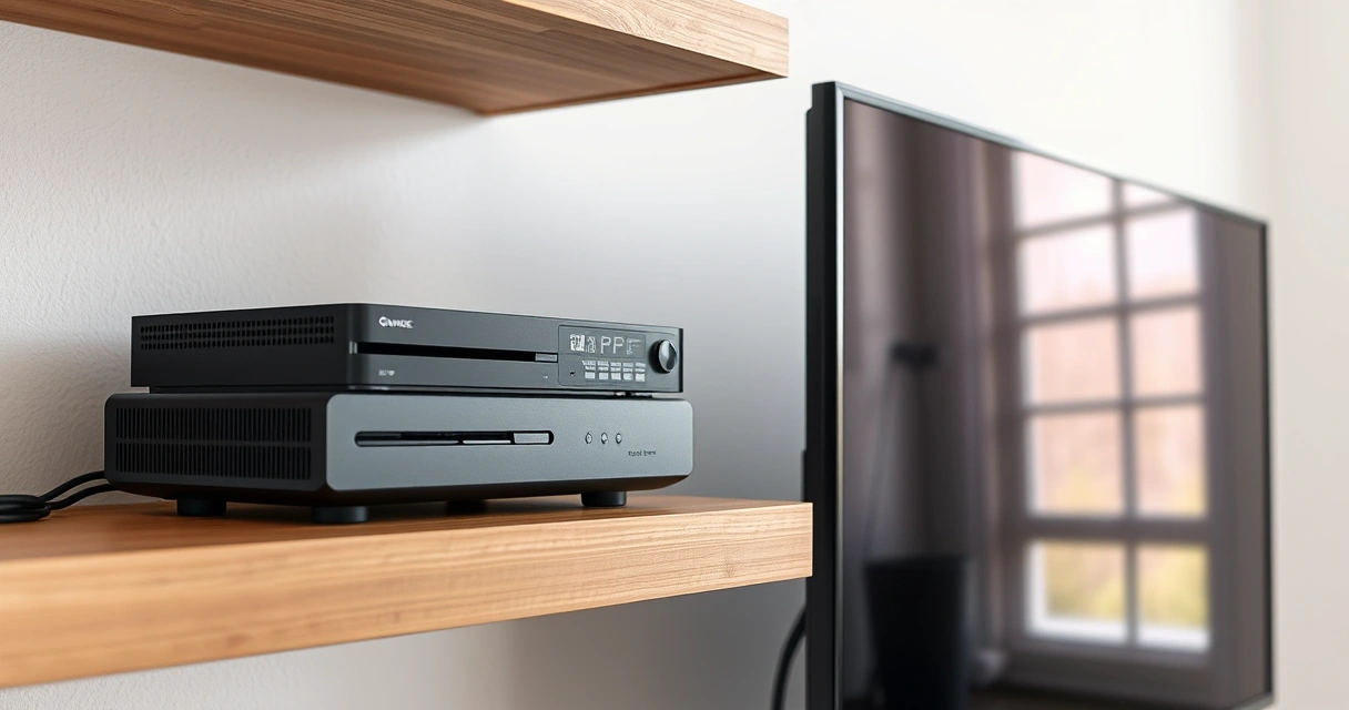 Console de videogame numa estante, ao lado da televisão