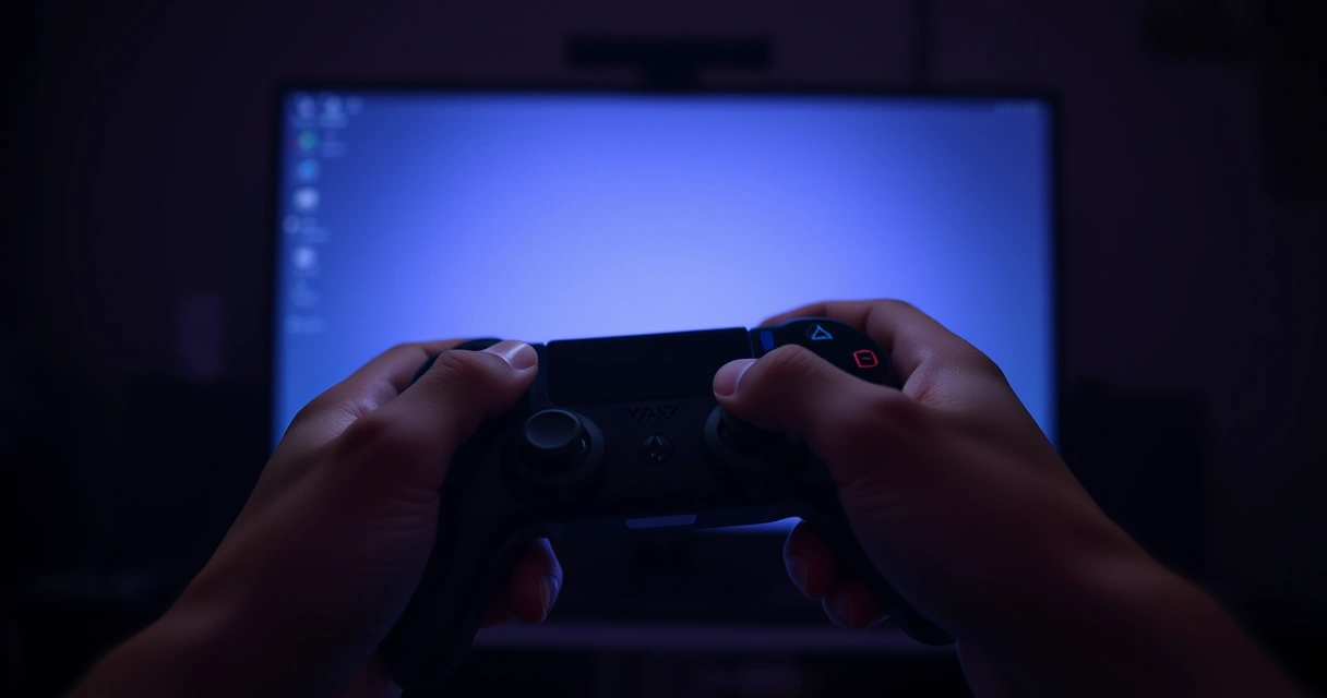 Mãos segurando um controle de videogame num ambiente escuro