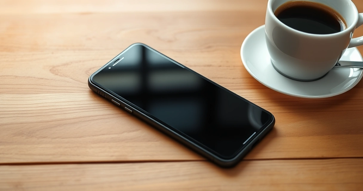 Celular sobre uma mesa de madeira, ao lado de uma xícara de café